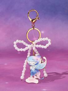 Pop Mart Azura X SHEIN Exquisite Handmade Beaded & Faux Pearl Bow Cartoon Pattern Metal Keychain Bag Charm, Dreamy