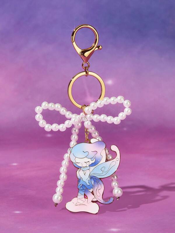 Pop Mart Azura X SHEIN Exquisite Handmade Beaded & Faux Pearl Bow Cartoon Pattern Metal Keychain Bag Charm, Dreamy