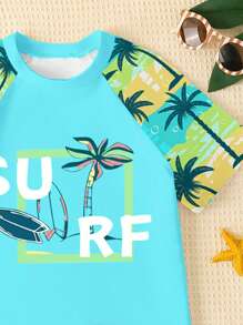 SHEIN Tween Boy Casual Simple Round Neck Short Sleeve Swimsuit Set, Suitable For Summer