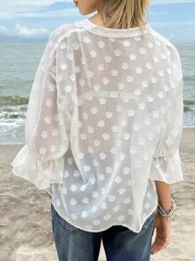 Jouncy 女式纯色荷叶边镂空领口透视休闲百搭衬衫 - 白色 - 查看 3