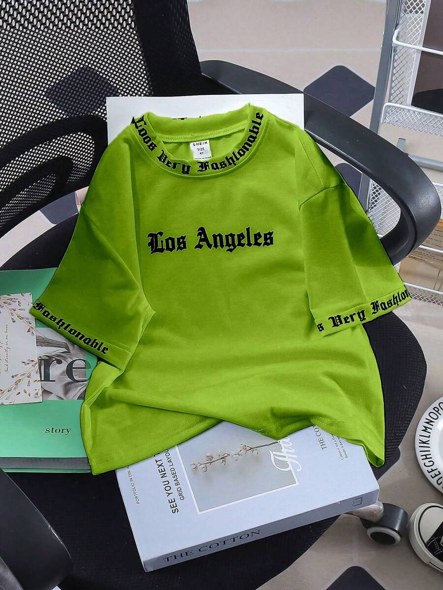 SHEIN Boy's Casual Funny English Letter Graphic Round Neck Short Sleeve T-Shirt, Suitable For Daily Wear, School, Outings, Sports, Spring/Summer Season - Green - View 1