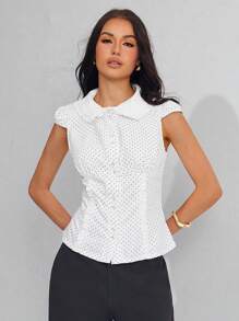 Roylia Áo cánh dệt chấm bi bo gấu nhún bèo eo cho nữ, áo sơ mi đi làm thường ngày phù hợp để đi học, mặc hàng ngày, cuộc sống đô thị - Đen và trắng - Xem 8