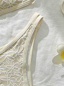 Swim Mod 2 件套女士提花面料细肩带高开叉性感比基尼套装，夏季 - 杏色 - 查看 5