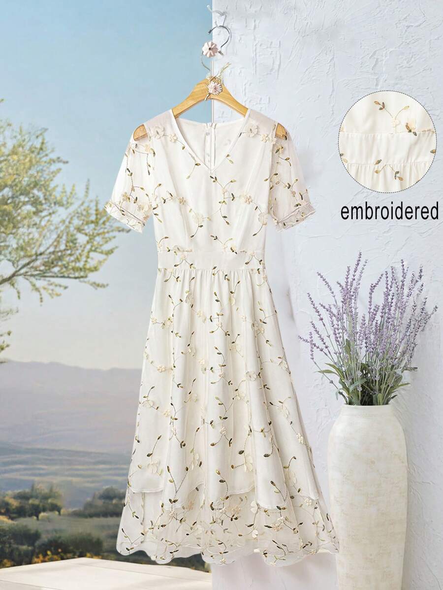 Rusticease Đầm hở eo thêu hoa lưới tương phản mùa hè cho nữ - trắng - Xem 1