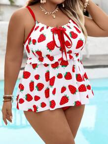 SHEIN CURVE+ Bộ đồ bơi tankini dây đeo họa tiết dâu tây casual cho nữ size lớn, trang phục đi biển mùa hè/về quê/kỳ nghỉ bãi biển/đồ đi biển/đồ tắm cho nữ - Nhiều màu - Xem 6