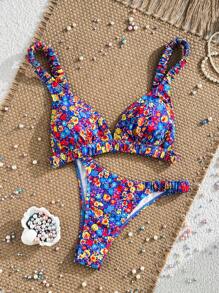 Swim Vcay Conjunto de 2 piezas de traje de baño de verano de 2025 con top corto y Bottom de bikini con estampado floral aleatorio para vacaciones, adorable traje de baño