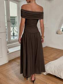 Siren Gaze 女士纯色褶裥露肩短袖长裙