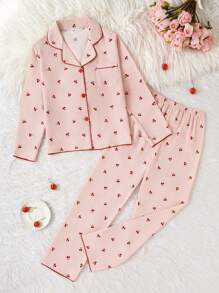 Conjunto de pijama estilo colegiala para niñas preadolescentes, color albaricoque con estampado lindo de cerezas, pantalones largos y camisa de manga larga, ropa casual para el hogar - Rosa - Ver 4