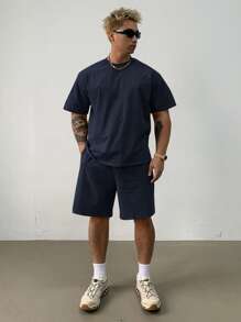 DAZY Bộ áo phông và quần short xanh navy trơn mùa hè cho nam, trang phục ấm áp - Màu xanh hải quân - Xem 5