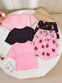 SHEIN 6 件女童卡通熊、草莓和爱睡觉图案睡衣套装，包含柔软 T 恤和弹力短裤，穿着舒适，易于护理，3 件套单独出售 - 彩色 - 查看 2