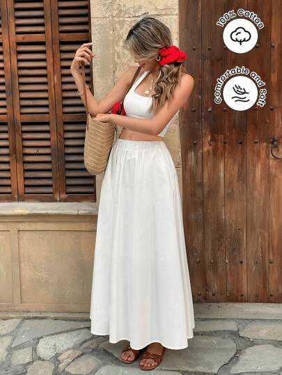 SHEIN PETITE Solid Color High-Waisted Casual Elastic Waist A-Line Skirt, Summer Fall Cloth For Women