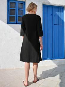 EMERY ROSE Spring/Summer Casual Loose Round Neck Mid-Length Sleeve Midi Dress With Stripe Detail For Women - Black - View 2