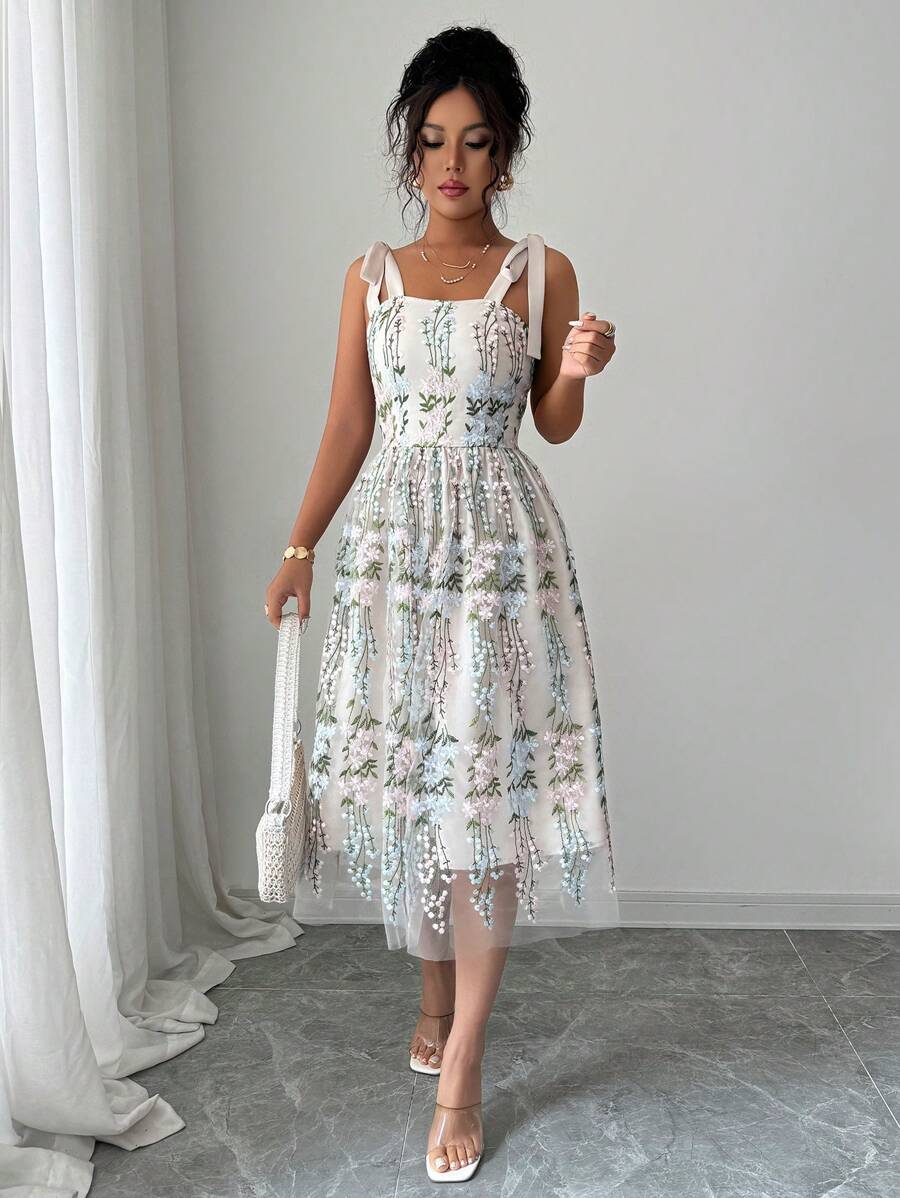 Elenzga Váy chữ A thắt nút lưới thêu hoa cho kỳ nghỉ hè dành cho nữ - Màu be - Xem 1