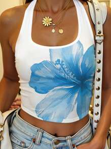 SHEIN EZwear Women's Casual Backless Tank Top, Blue Hibiscus Floral Print, Suitable For Summer Vacation - Multicolor - View 9