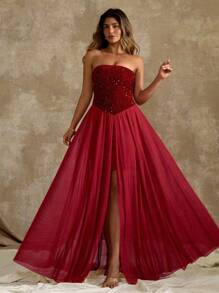 Allurite Plus Size Glitter Contrast Mesh Hem Strapless Dress With High Hem Slit, Perfect For Music Festivals Maxi Women Outfit