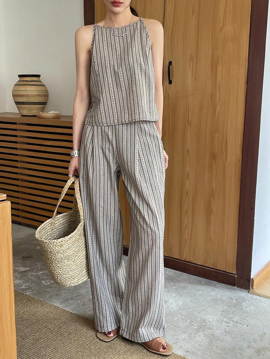 DAZY 女士休闲两件套:条纹细肩带背心和长裤,夏季,返校服装 - 卡其色 - 查看 1