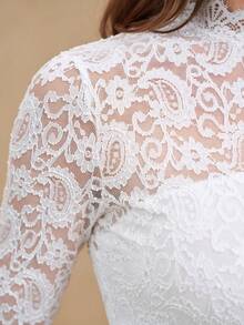 EMERY ROSE Blusa de manga larga de encaje elegante francés para mujer, de estilo minimalista y uso casual diario - Blanco - Ver 6