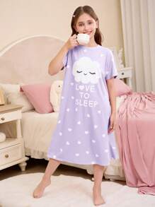SHEIN Leap Crew Koszulka nocna dla dziewcząt w stylu casual z nadrukiem w kształcie serca i chmur, okrągłym dekoltem i krótkim rękawem - Wrzosowy - Zobacz 3