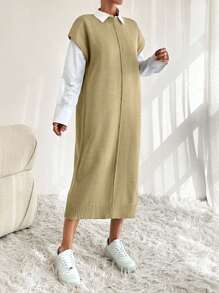 EURMUSE 纯色纽扣细节蝙蝠袖毛衣裙