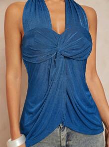 Lumalex Halter Twist Marszczony Odkryty Tył Metalowy Łańcuch Dekoracja Damski Top - Turkusowy - Zobacz 3