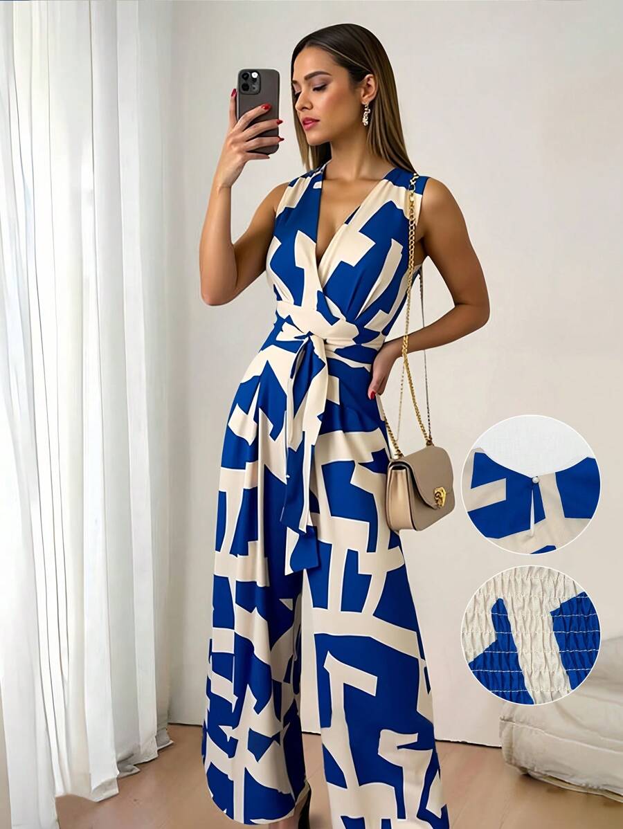 女士时尚性感V领收腰连体裤，夏季