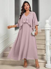 Bellastra Plus Size Mother Of The Bride Guest Outfit, Dress + Shawl Jacket Set For Wedding - Dusty Pink - View 8