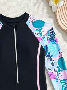 SHEIN Tween Girl Tropical Plant Print Raglan Sleeve One-Piece Swimsuit, Beach Vacation Casual Wear - Multicolor - View 4