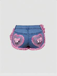 ROMWE J-Fashion Kawaii Lace Bow Denim Shorts - Blue - View 2