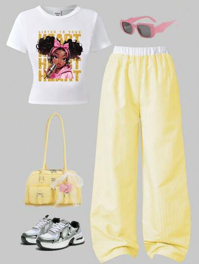 SHEIN ChillGRL ティーンガール スウィート&キュート カジュアルデザイン グラフィックプリント ラウンドネック 半袖Tシャツ とコントラストストライプ ワイドレッグパンツ 2点セット、デイリー、ハングアウト、ホリデーアウトフィットに適しています
