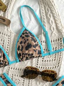 Swim Vcay Ropa de playa para mujeres en época de vacaciones de primavera, conjunto de top de tirantes con estampado aleatorio de guepardo y traje de baño de talle alto, conjunto de bikini sexy de 2 piezas - Multicolor - Ver 3