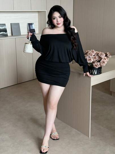 Vibekara 大码优雅纯色露肩蝙蝠袖紧身连衣裙