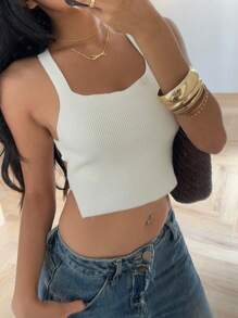 SHEIN Essnce New Summer White Knitted Tops For Women, Basic Casual All-Match Halter Tops For Women, Summer Tube Tops, Crop Tops, Slim Sexy Halter Tops, Travel Wear - White - View 6