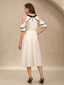 EMERY ROSE Vestido elegante de mujer con bloque de color, escote off shoulder, lazo en la cintura y volantes en el bajo, para primavera/verano - Multicolor - Ver 2