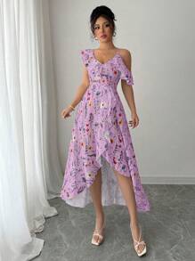 Elenzga Asymmetric Ruffle Hem Printed Dress, Casual Practical Multi-Function - Purple - View 3