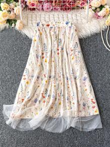 Rometta 大码女式花卉印花网眼 A 字裙，夏季女装，优雅 - 米色 - 查看 1