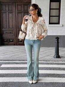 Pariaura Áo cánh tua rua hoa nhỏ nhắn cho nữ đi nghỉ mát thường ngày vào mùa hè - Màu be - Xem 6