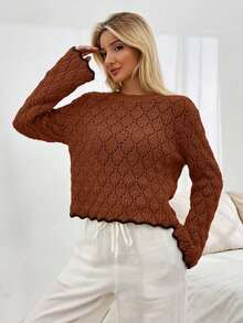 EURMUSE Women Pointelle Knit Round Neck Sweater With Striped Hem,Jumper,Cream Jumper,Jumpers,Black Jumper,Womens Jumper,White Jumper,Women's Jumper,Women's Jumpers,Winter Clothes - Brown - View 4