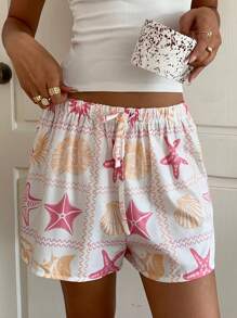 Aloruh Women's Low Waist Short Starfish Printed Shorts, For Spring & Summer Holiday