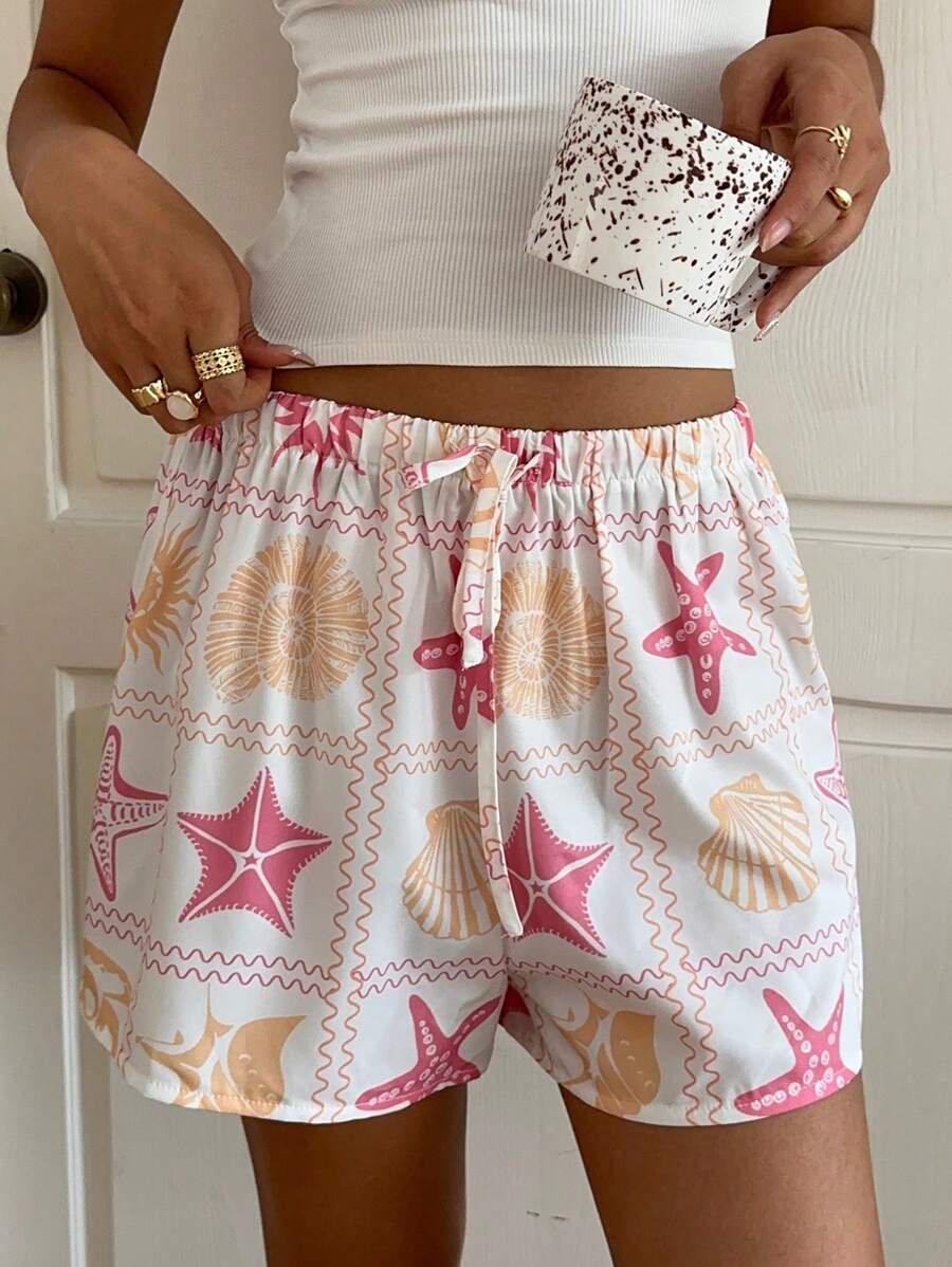 Aloruh Women's Low Waist Short Starfish Printed Shorts, For Spring & Summer Holiday