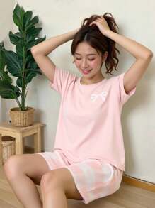 SHEIN 2 Pieces Set For Teenage Girls - Black Top With Bow And Heart Plaid Pattern Shorts, Homewear - Pink - View 3