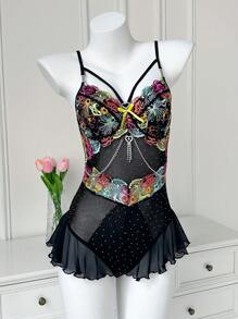 SHEIN Vrouwen Love Rhinestone Buckle Decor Kleurrijke Borduurwerk Splicing Mesh Jumpsuit