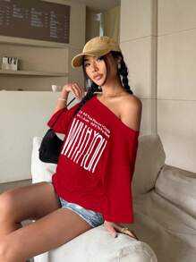 Women's Casual Off-Shoulder T-Shirt With Letter & Number Print - Multicolor - View 3