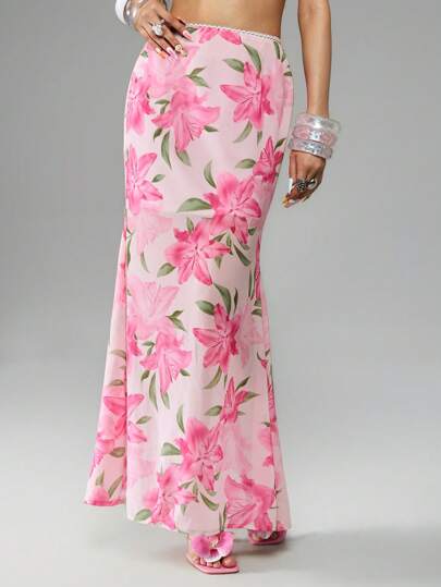 ROMWE Avant Y2K Style Low Waist Floral Skirt, Chiffon Fishtail Vacation Beach Resort Skirt For Women