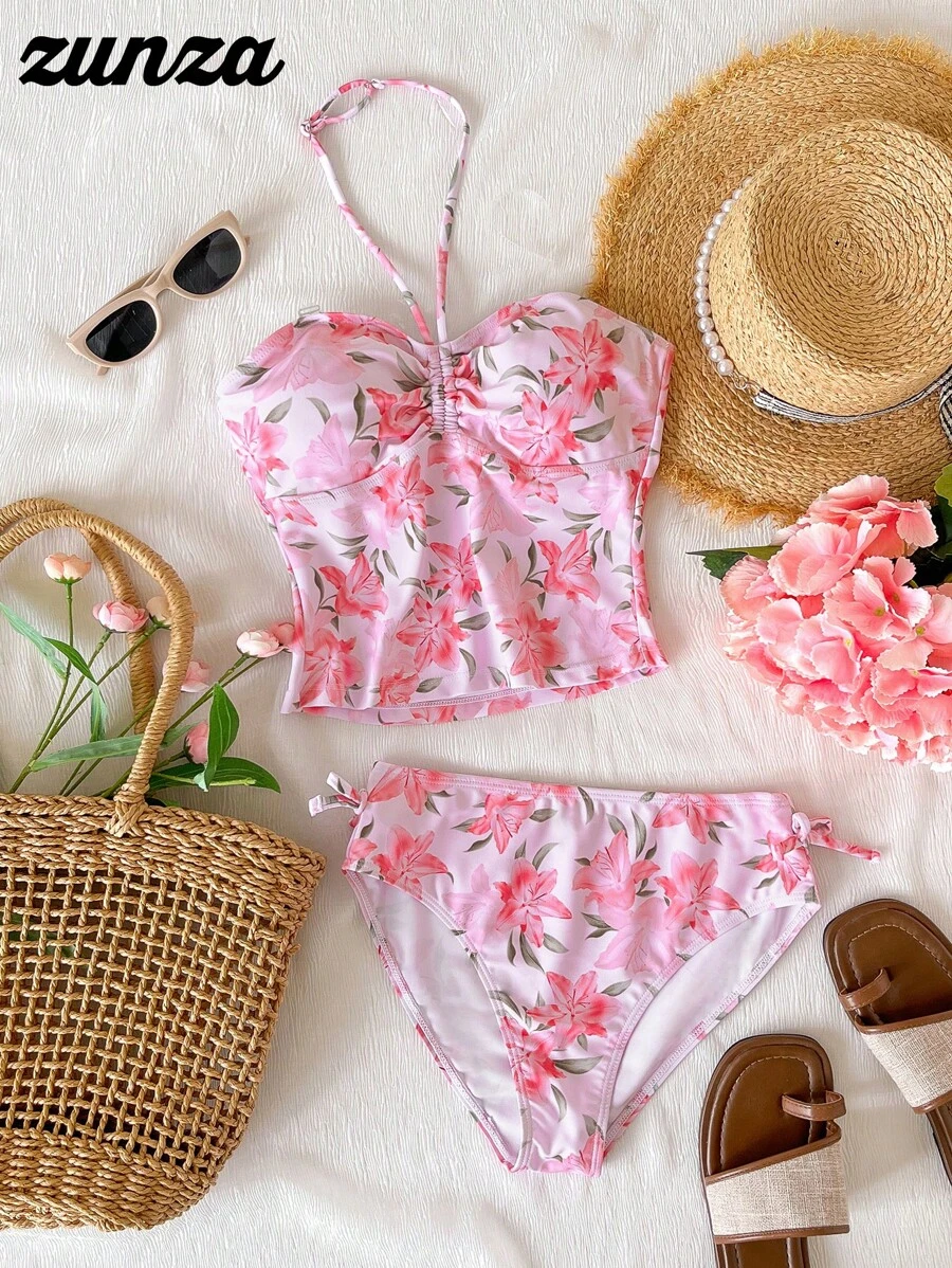 Teen Girls Floral Print Halter Neck Bikini Sets For Beach Vacation - Pink - View 1