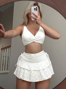 Swim Mod Women's Summer Beach 3pcs Set: Cute Solid Color Knitted Jacquard Fabric Top With Criss-Cross Bust & Double Layer Cake-Style Mini Skirt With Bow Side, Swimsuit