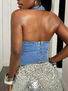 Slaydiva Women's Casual Open Back Zip Up Halter Denim Shirt - Blue - View 3