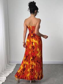 Elenzga Vestido estampado de mujer con pliegues que ciñen la cintura tipo top bandeau - Naranja - Ver 2