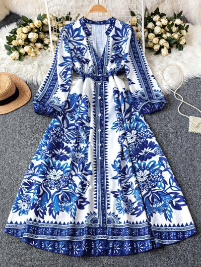 DreamSkyne Plus Size Women V-Neck Long Sleeve Floral Pattern Elegant Dress Fall Cloth For Women