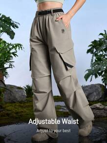 In My Nature 女式字母印花工装口袋褶皱宽松户外裤徒步女装 - 卡其色 - 查看 5