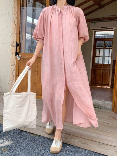 FRIFUL Women's Loose Linen Casual Vacation Style Puff Sleeve Solid Color Long Dress, Summer Women Summer Clothing Women Summer Sets Women S Clothes Woman S Summer Clothes Work Summer Dresses,Back To School Clothes